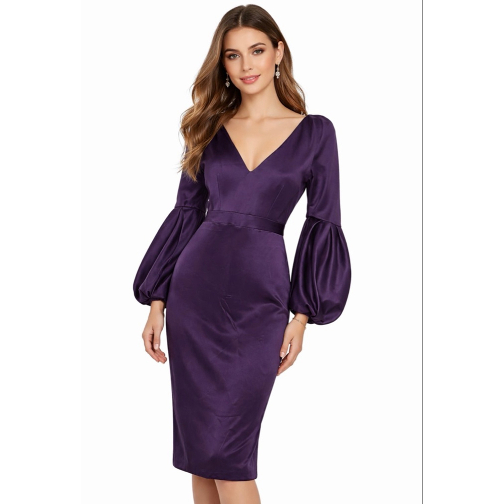 ALBERTA FERRETTI Purple Long Sleeve Satin V Neck Dress Size 8
